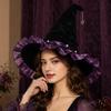 Xiaobudian Halloween Witch Hat for Women, Velvet Wizard with Ruffle Brim And Bow Party, Masquerade, Cosplay Costume Accessory