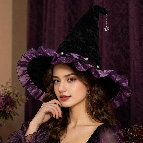 Xiaobudian Halloween Witch Hat for Women, Velvet Wizard with Ruffle Brim And Bow Party, Masquerade, Cosplay Costume Accessory