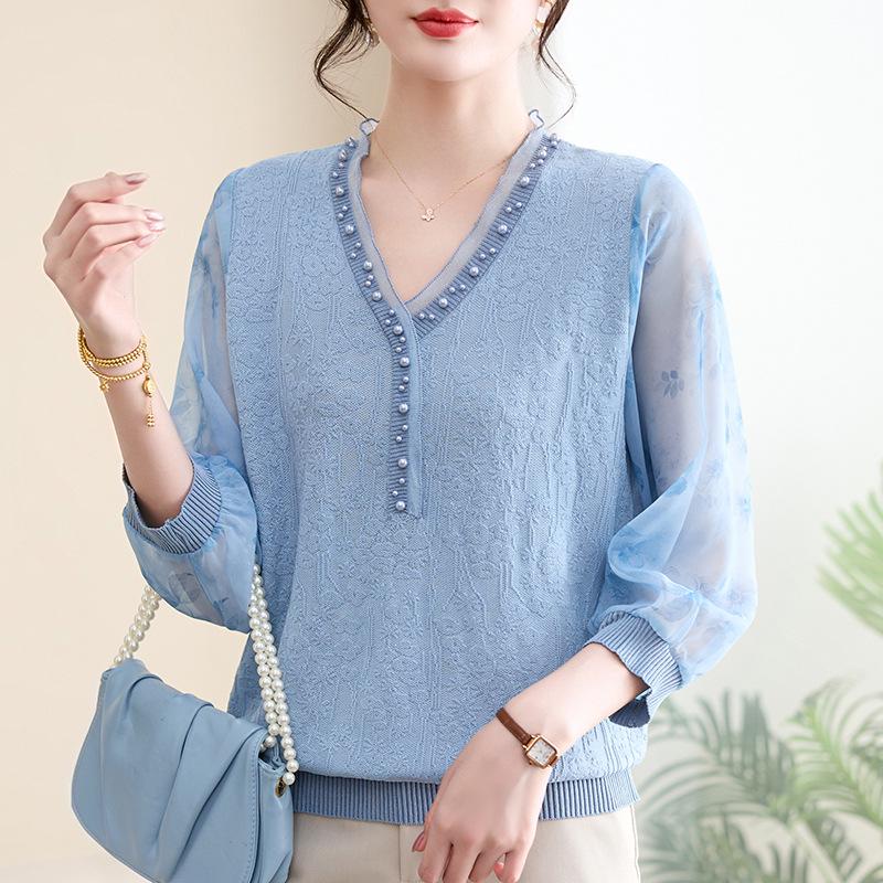 

Летний трикотажный топ с V-образным вырезом и рукавами семь восьмых для женщин среднего и пожилого возраста, 2025 3XL (120-130 Jin) светло-синий