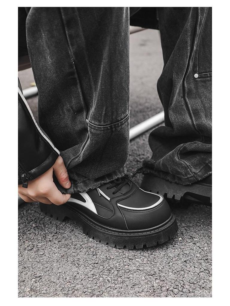 Men's Black Leather Height-Increasing Casual Shoes with Thick Sole - Korean Style Trendy Sneakers for All Seasons