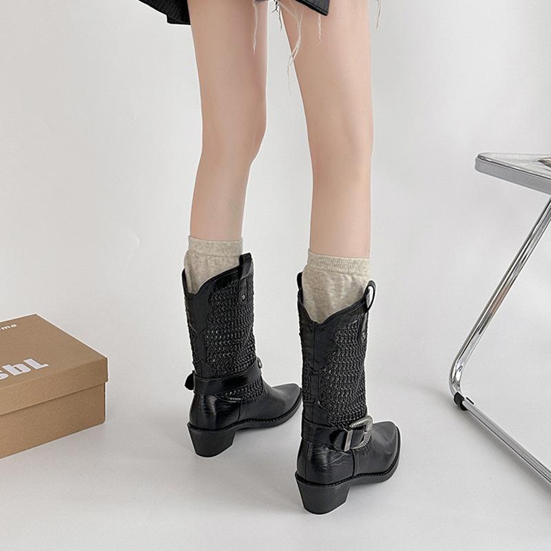 Fashion versatile woven hollow short boots retro western cowboy boots women's old brown pointed boots knight boots