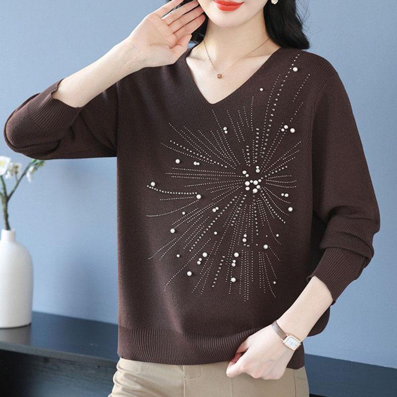 Autumn and Winter Women's V-Neck Sweater Solid Color Loose Beaded Sweater Plus Size Knitted Pullover Top