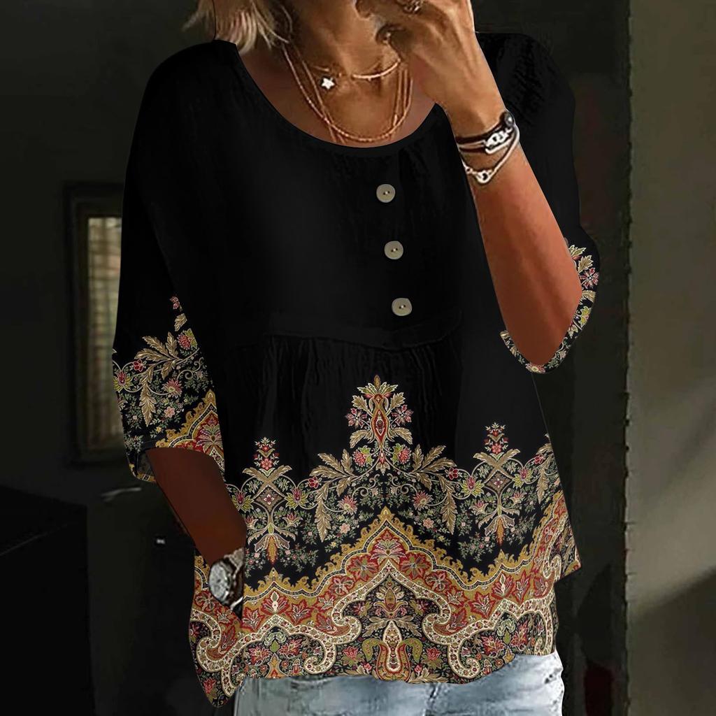 Damen Casual Mode Dreiviertelarm Locker Rundhals Knopf Karoprint Oberteil