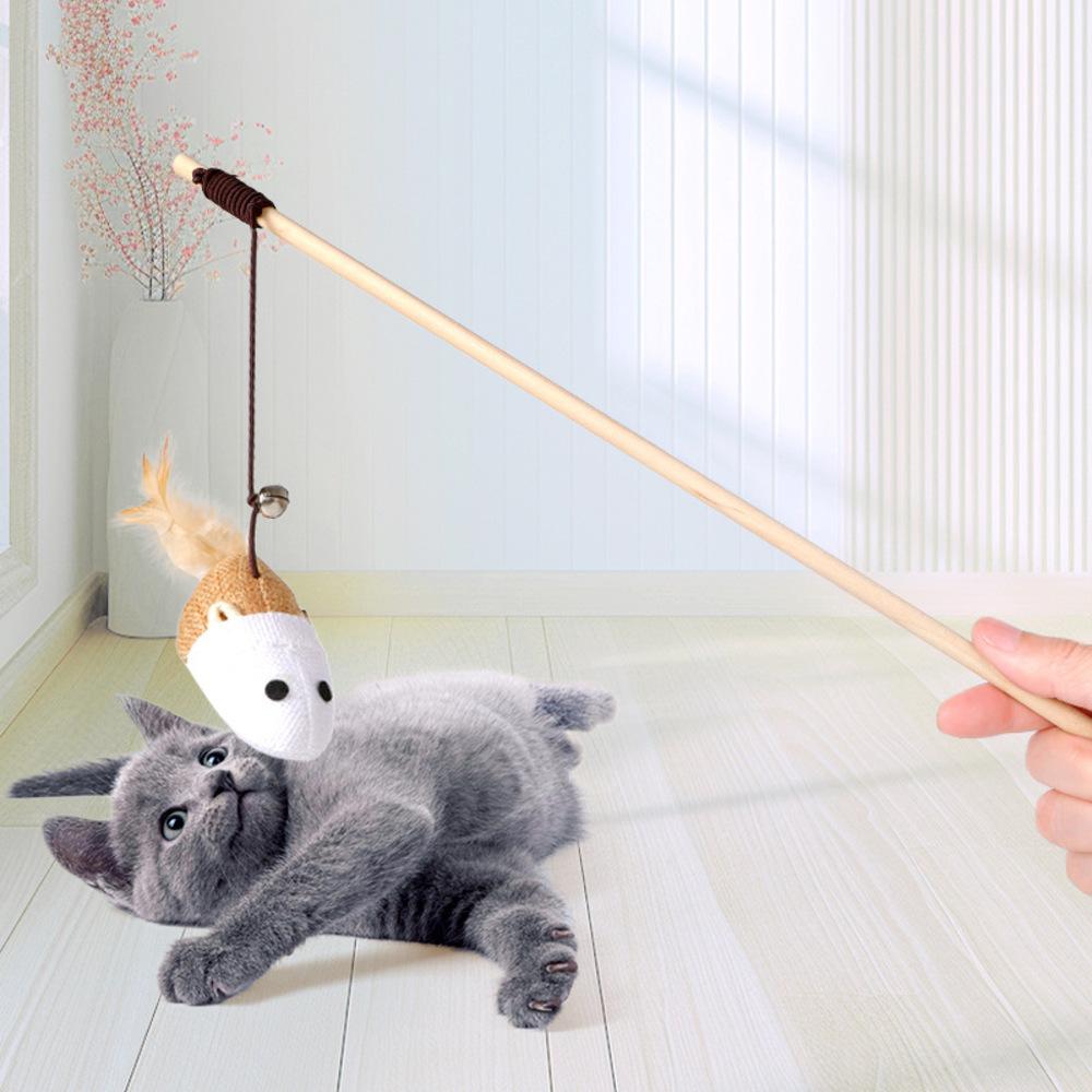 1PC Teaser Feather Toys Funny Bell Mouse Wooden Stick Cat Teaser Pet Interactive Boredom Relief Toy
