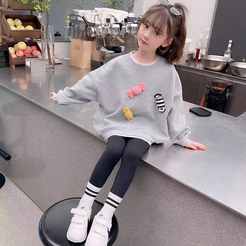 Girls' Spring/Fall Collection: Wide-Cut Long-Sleeve Sweatshirt, Mid-Length Casual Top