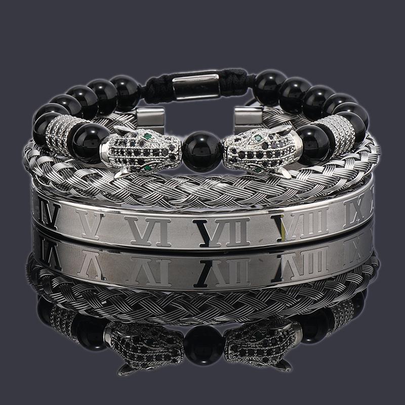 Luxury Black Stone Beads Leopard Head Man Bracelet Enamel Stainless Steel Roman Bangles Women Jewelry 3 pieces make a set