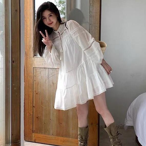 Lace Hollow Waist Doll Princess Dress Long Sleeve White Dress Female Design Sense Niche Vacation Fairy Skirt