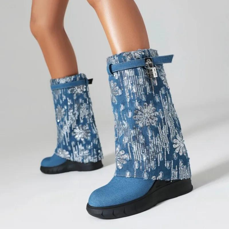 Scarpe da Donna di Marca Designer Tacchi Alti 2024 Nuovi Stivali da Donna a Metà Polpaccio con Punta Rotonda Stivali Sexy Pogen da Donna sopra il Ginocchio Botas De Mujer