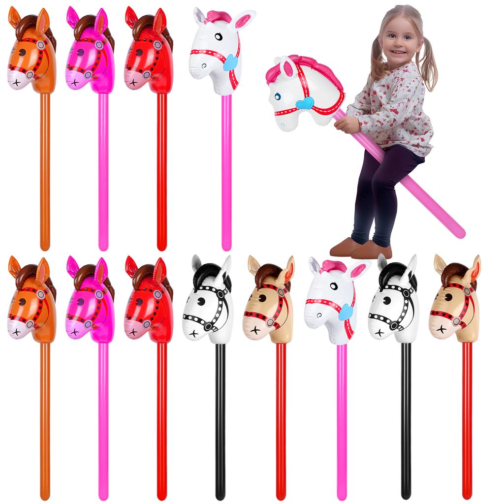 12 Stück 40 Zoll aufblasbares Steckenpferd bunter Pferdekopf-Steckenpferd-Ballon Pferd Geburtstagsparty-Zubehör Pony-Stecken für Halloween