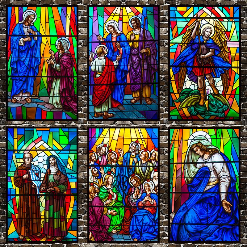 Pellicola Vetro Colorato Statico Stile Vintage Arte Sacra Adesivi per Finestre PVC Autoadesiva Pellicola Cristiana Europea Classica