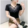New Summer Short Sleeved V-Neck Women's T-Shirt Fashion Sexy Hollow Out Hot Diamonds Tops High Strecth Mesh Slim Tees