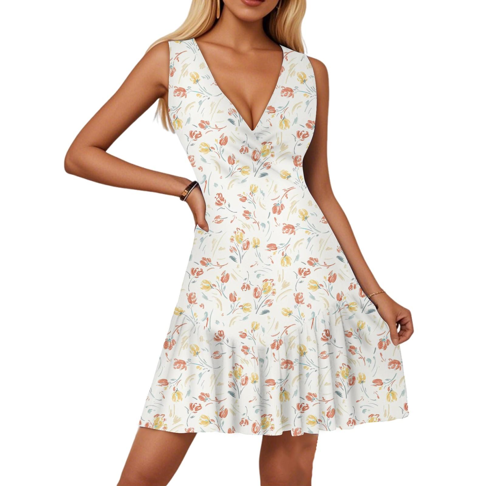 Women s Dress V-neck Sleeveless Casual Floral Print Hem Pleated Dress XL