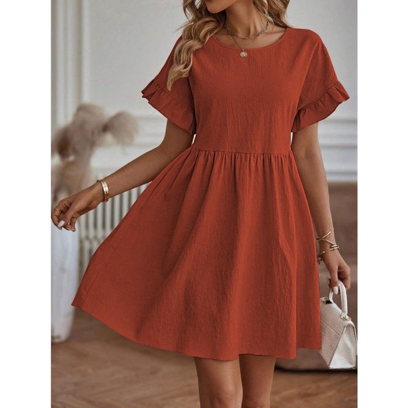 Ladies' Loose Cotton and Linen Skirt Dress with Round Neck and Pockets