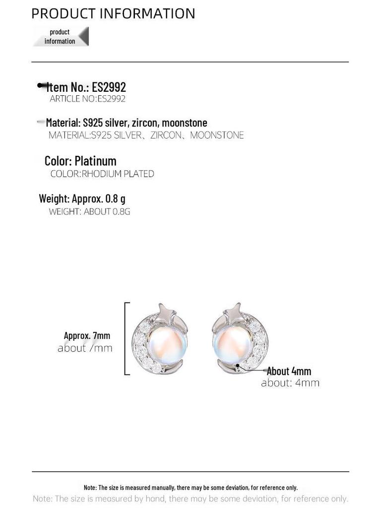 Boucles d'oreilles en argent S925 Pierre de lune pour femmes – Design étoile et lune