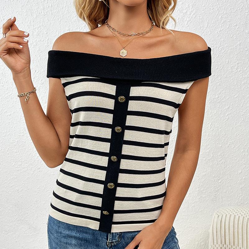 

Весенне-летний твердый женский модный пуловер в полоску без рукавов с открытыми плечами. Пуловер женский трикотаж. L чёрный