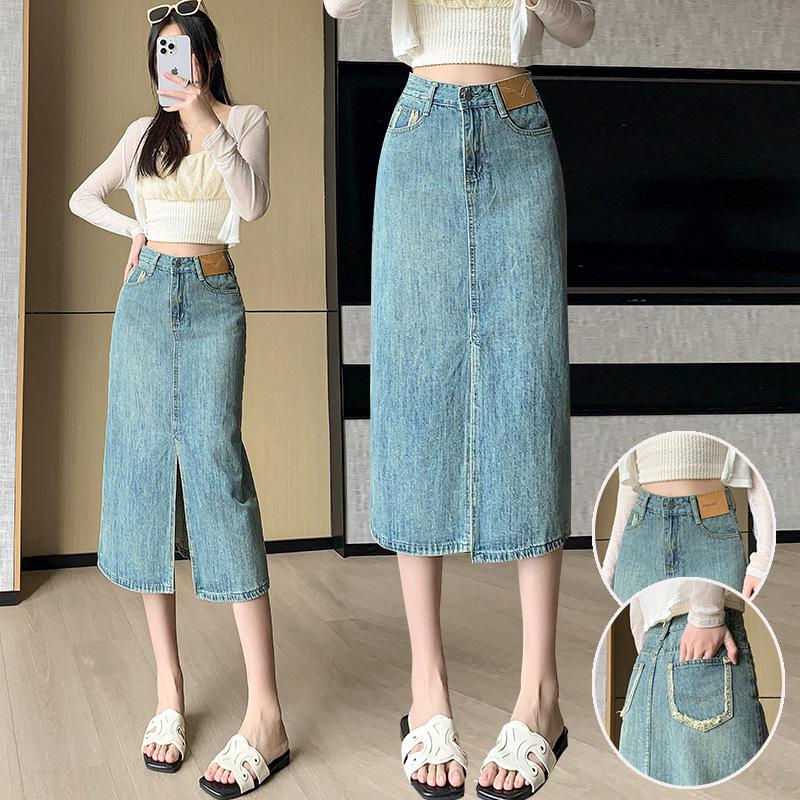 2024 Spring/Summer Elegant High-Waist Denim Midi Skirt with Front Slit for Women