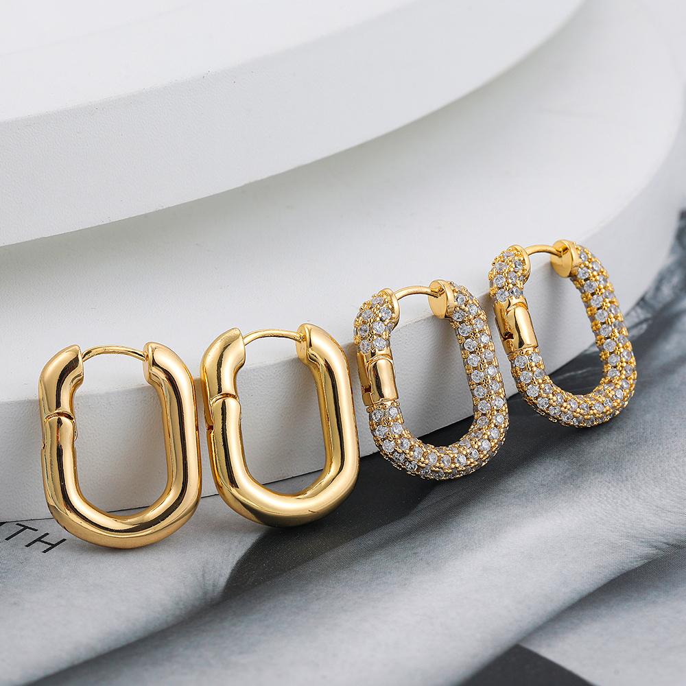 14k Gold Plated U Shape Geometric Hoop Earrings for Women Cubic Zirconia Circle Square Ear Buckle Huggies CZ Crystal Zircon