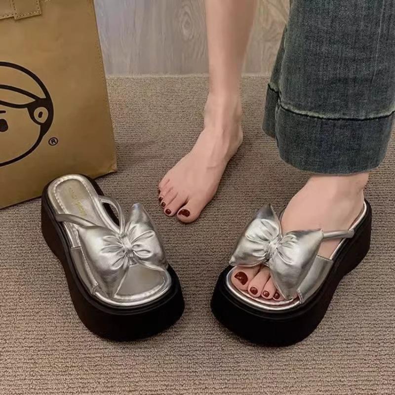 Summer outer wear seaside beach shoes new round head bow sweet slippers small thick-soled cool slippers