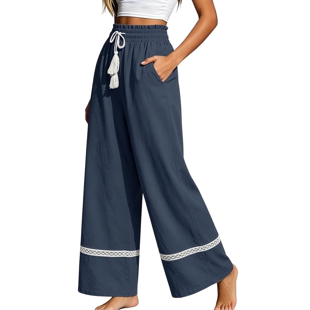 High Waist Loose Fit Wide Leg Pants with Hollow Out Detailing and Drawstring Waistband for Casual Relaxed Style