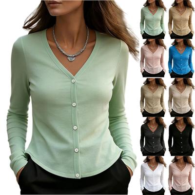 Women V Neck Button Down Cardigan Long Sleeve Lightweight Knit Top Casual Basic Shirt for Everyday Wear Office School