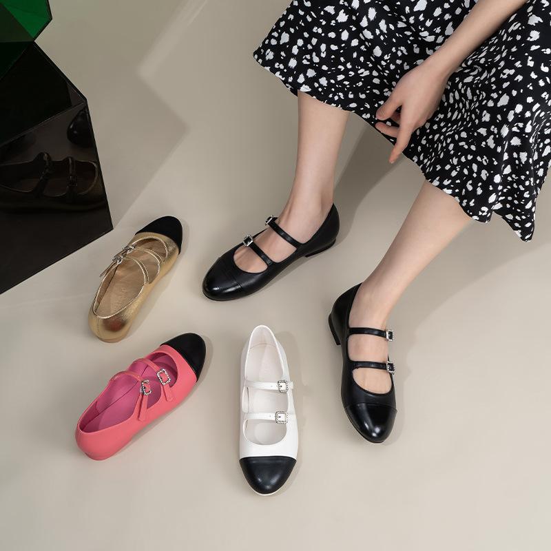 2025 Spring New Round Head Retro French Flat Bottom Shallow Mouth Mary Jane Women's Single Shoes Leather Fresh Low Heel
