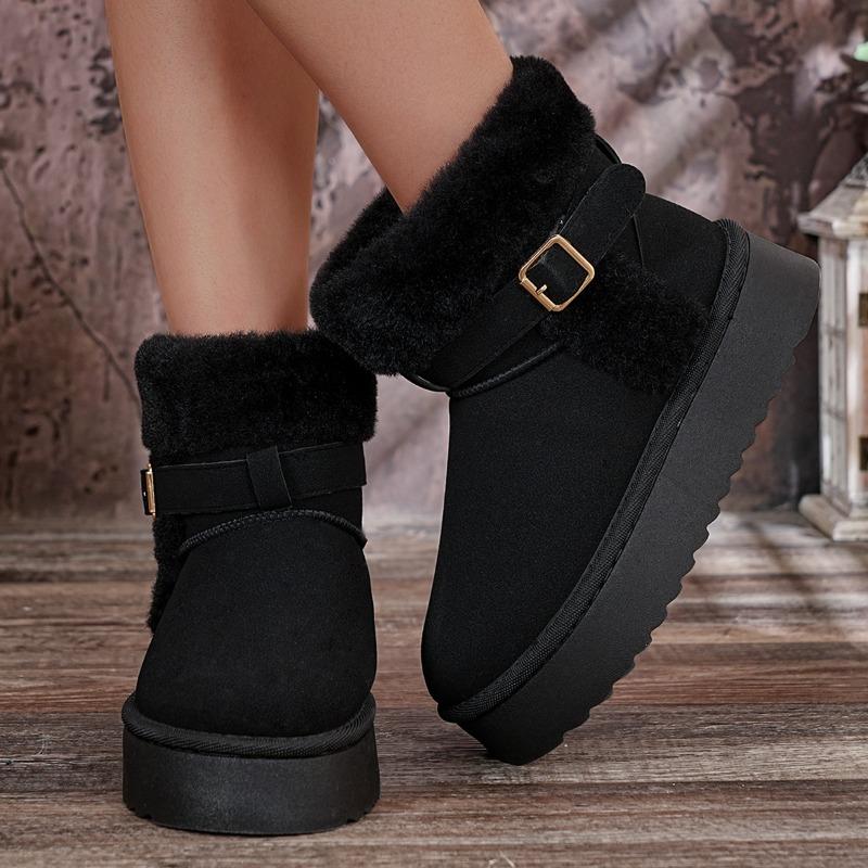 Fashion Fashion Platform Cotton Shoes Winter New Round Toe Suede Metal Buckle Warm Flat Snow Boots