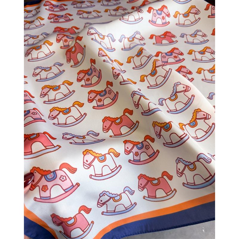 Korean Style Cute Trojan Printed Silk Feel Square Scarf For Women