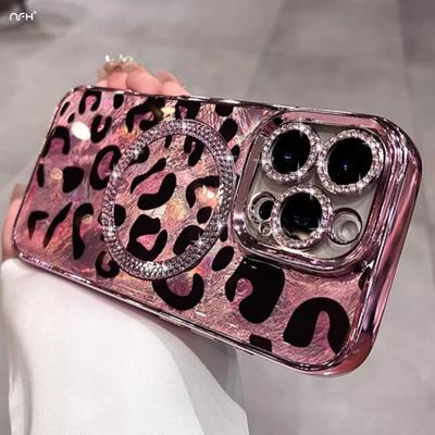 For iPhone 16 Pro Max Luxury Plating Magsafe Magnetic Flash Diamond Leopard Print Phone Case For iPhone 13 14 15 Plus Lens Cover