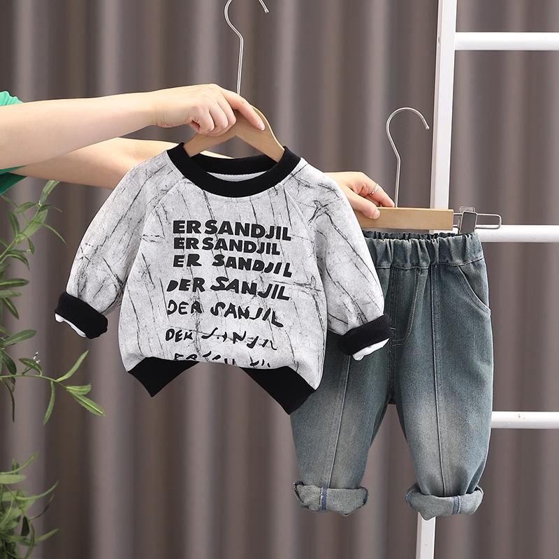 

0-5-year-old boys long sleeved 2-piece set, Autumn children s round neck letter printed hoodie+casual pants set, High-quality clothes S сірий