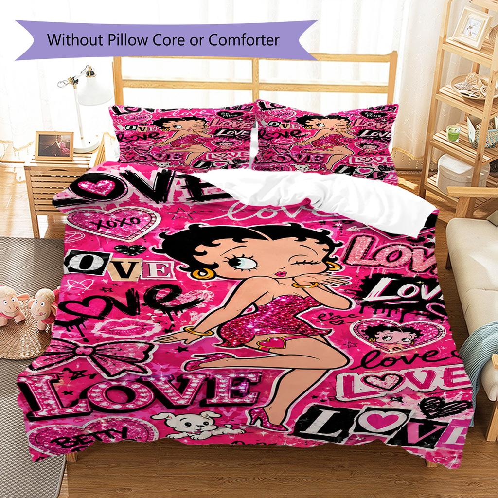 Betty Boop Pattern Bedding Set Quilt Cover Pillowcase Home Decor Gift (1 * Duvet Cover + 2 * Pillowcase, Without Core)