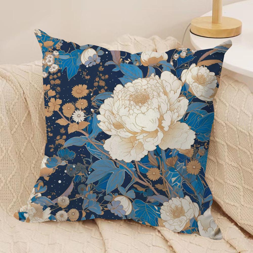 Classic Flowers Pattern Blue Cushion Cover Short Plush Doublesided Print Square Throw Pillow Covers Sofa Home Cushion Decor