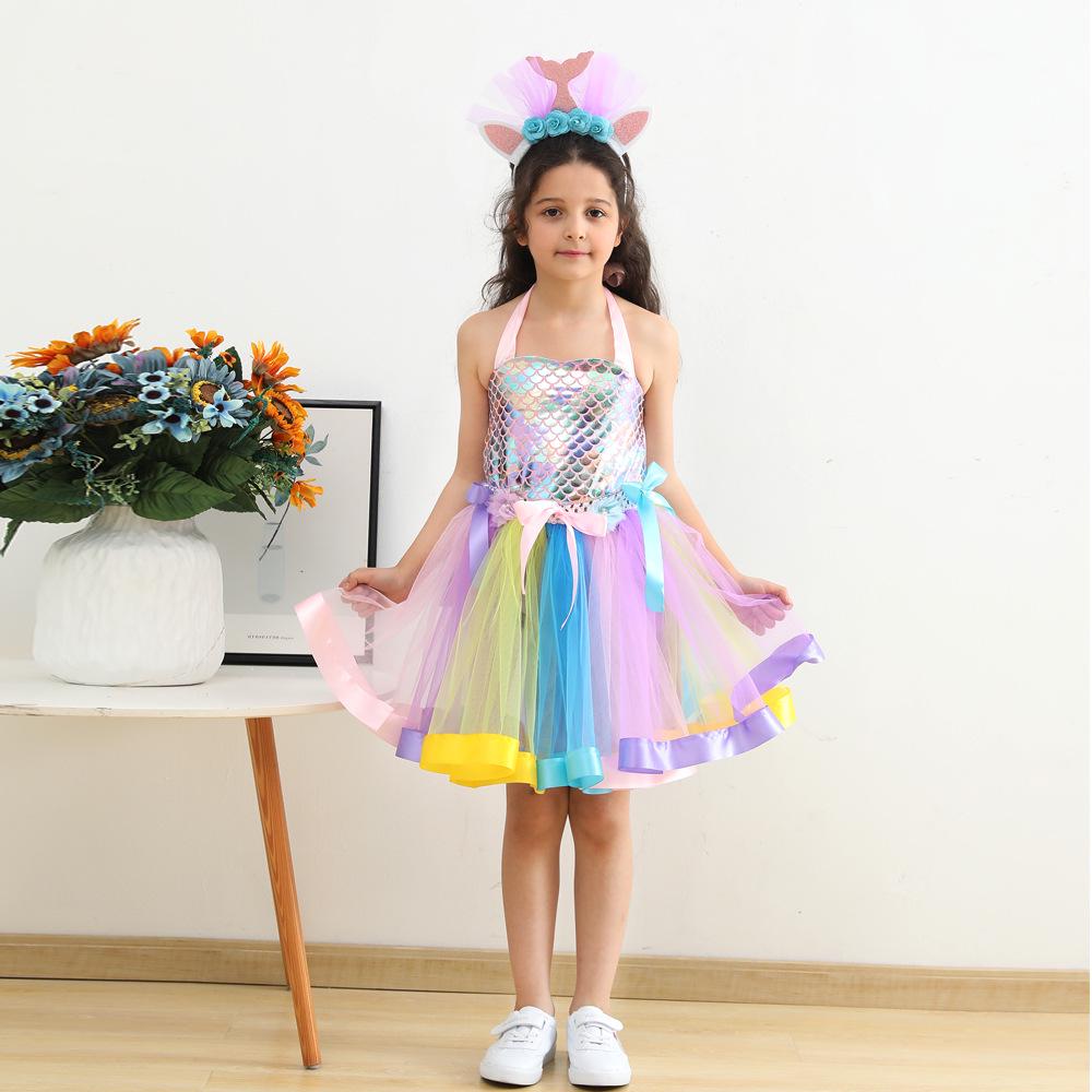 Abito Coda di Sirena Europeo & Americano con Copricapo - Tuta Elegante in Rete per Bambina con Fodera Interna
