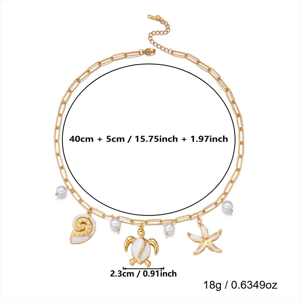 Boho Stainless Steel Ocean Turtle Starfish Necklace for Women Imitation Pearl Pendant Chain Summer Vacation Party Jewelry Gift