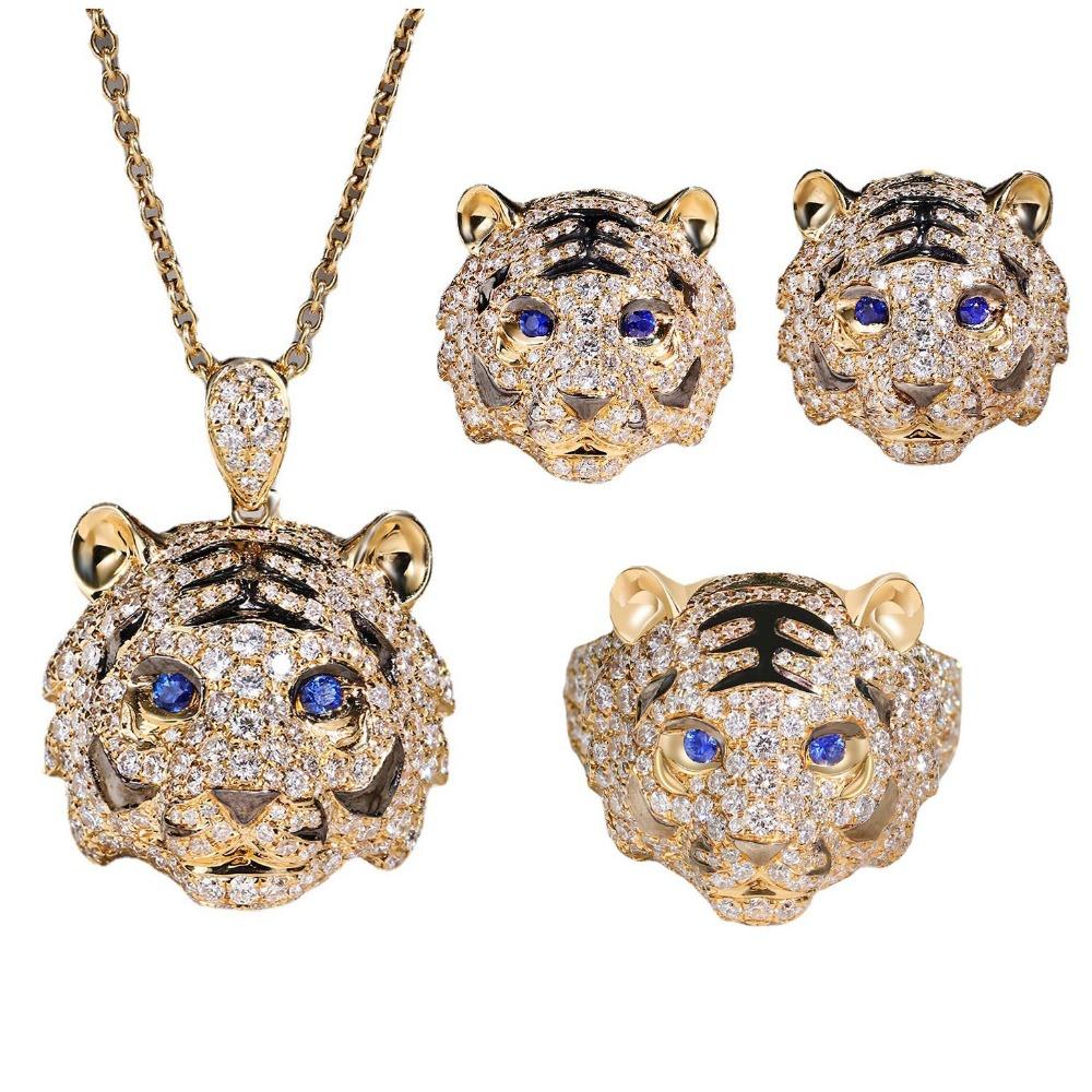 Women Jewelry Set Luxury Tiger Ring Blue Sapphire Necklace Zodiac Tiger Earrings Heavy Design Full Diamond