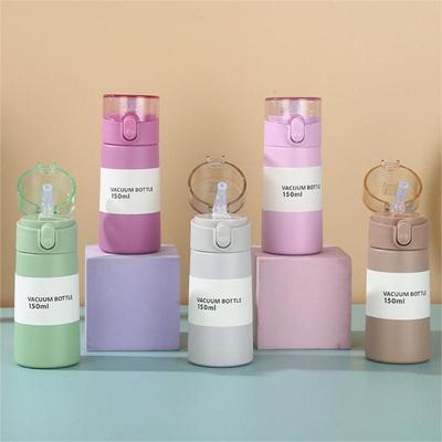 150 ml Mini-Thermosbecher, langlebiger Thermobecher mit Ein-Knopf-Öffnung, hochwertiger Wasserbecher aus Edelstahl mit Strohhalm