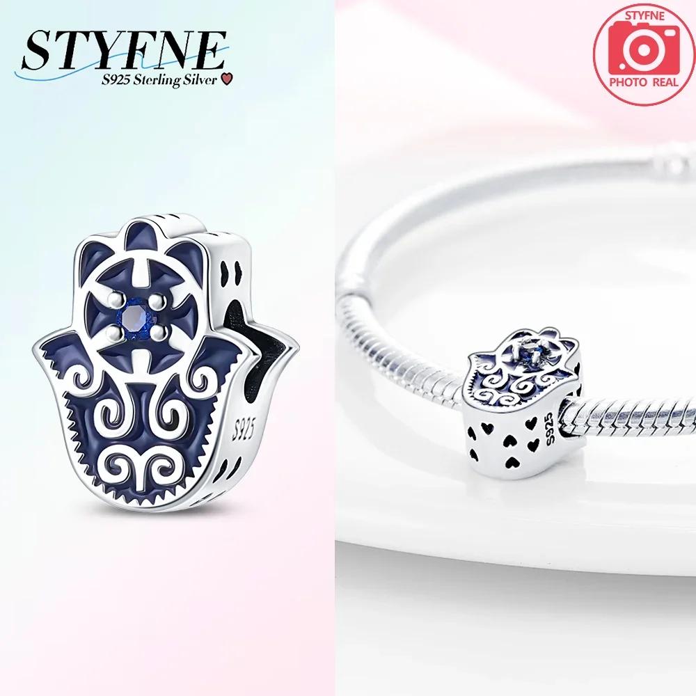Original 925 Silver Blue Heart Demon Eye Pendant Fatima Hand Charm Bead Bracelet Women Jewelry Religion Gift