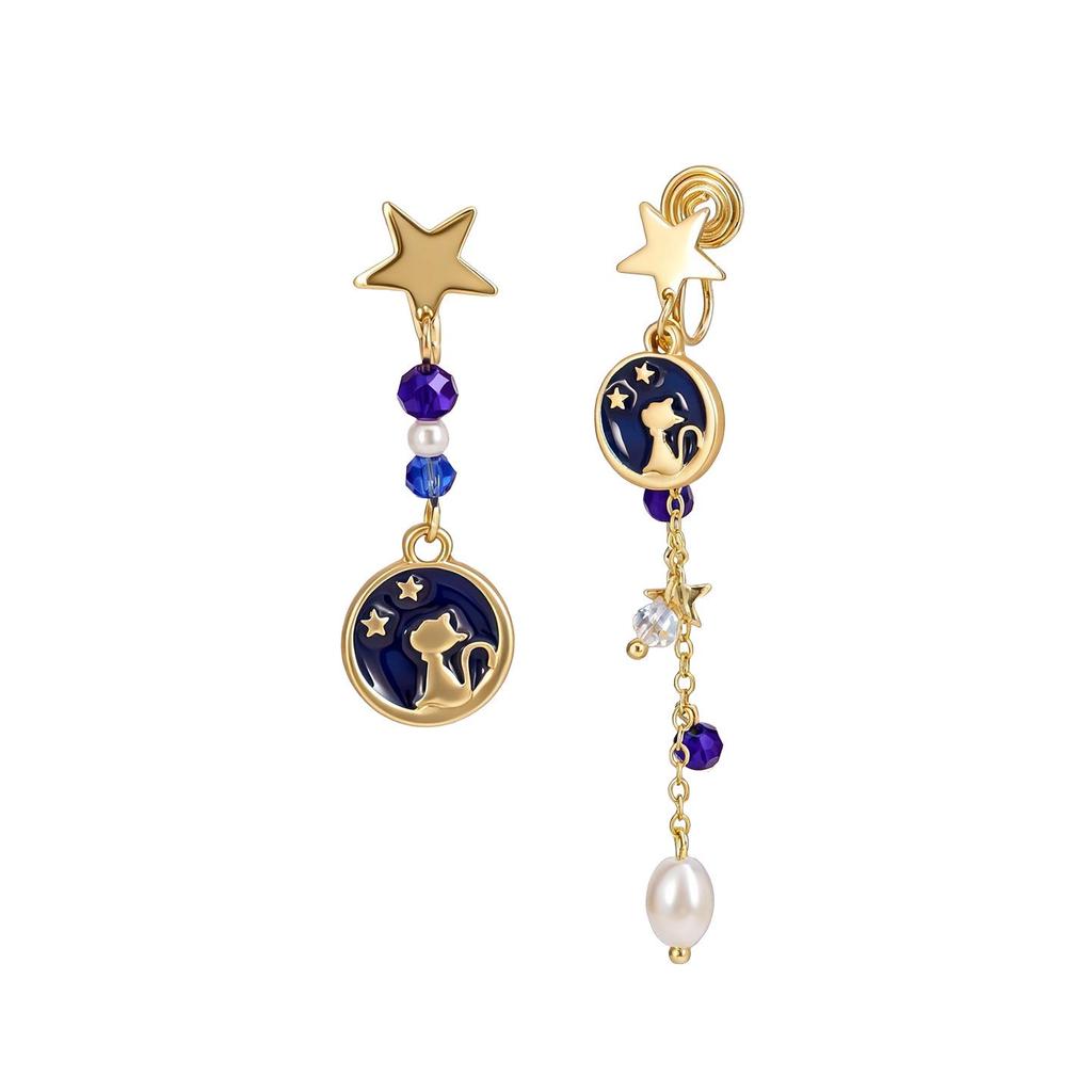Elegant Cat Star Tassel Earrings for Women - Dreamy Niche Design with Mosquito Coil Clasp