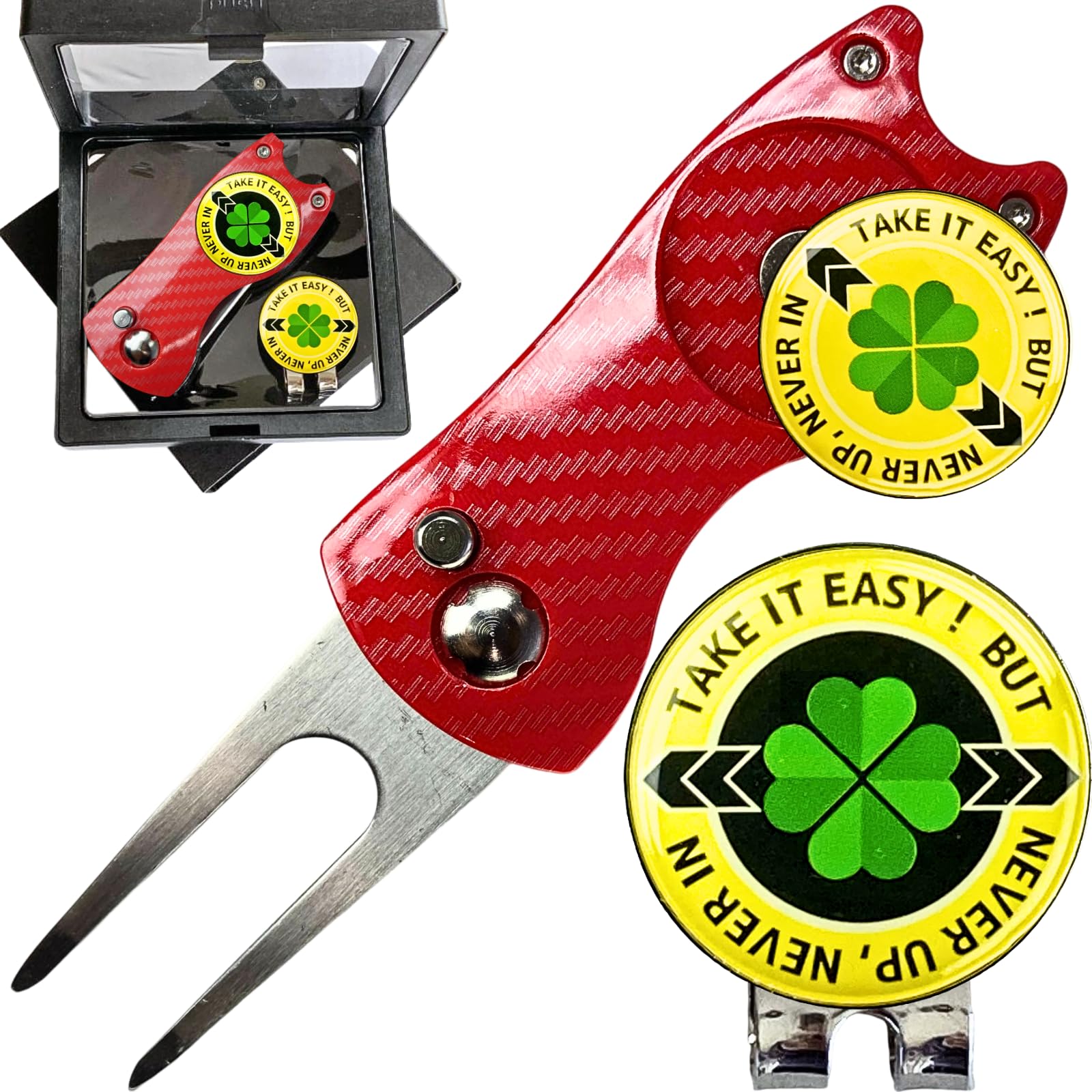 

Toiroya Маркер для гольфа с набором зеленой вилки Маркеры Шляпа Углерод Соревнование Подарок Магнитный четырехлистник, [В комплекте 2 шт.], Зажим, Стиль, Надпись, Стильный, Приз, (Красный,