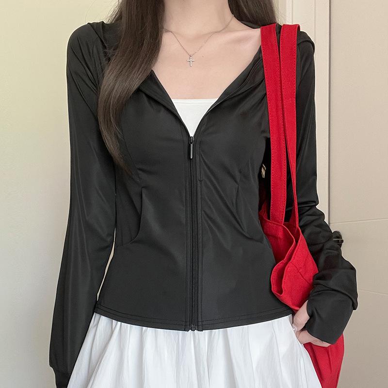 

Женская летняя тонкая солнцезащитная одежда из черного ледяного шелка, новая облегающая кофта с капюшоном и защитой от УФ-лучей, куртка с длинными рукавами S