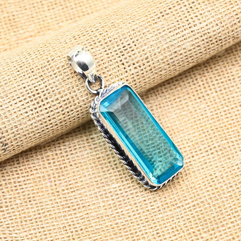 Blue Topaz Gemstone Handmade 925 Solid Sterling Silver Jewelry Pendant For women