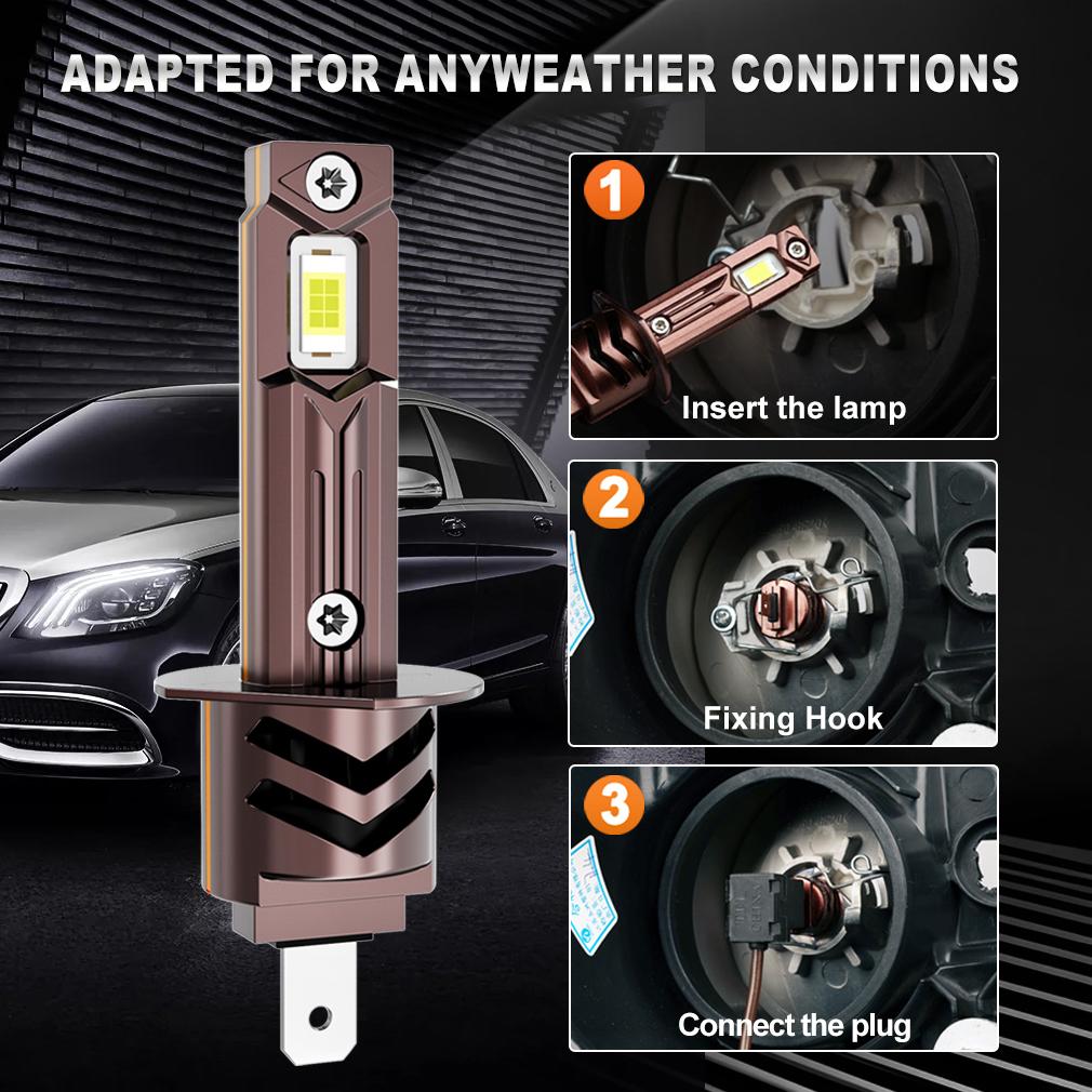 2Pcs H1 LED Headlight Turbo Bulbs Canbus Mini Wireless Lamps W/ Fan 25000LM CSP Chips Super Bright Car Fog Lights Headlamp Plug&Play 6500K White
