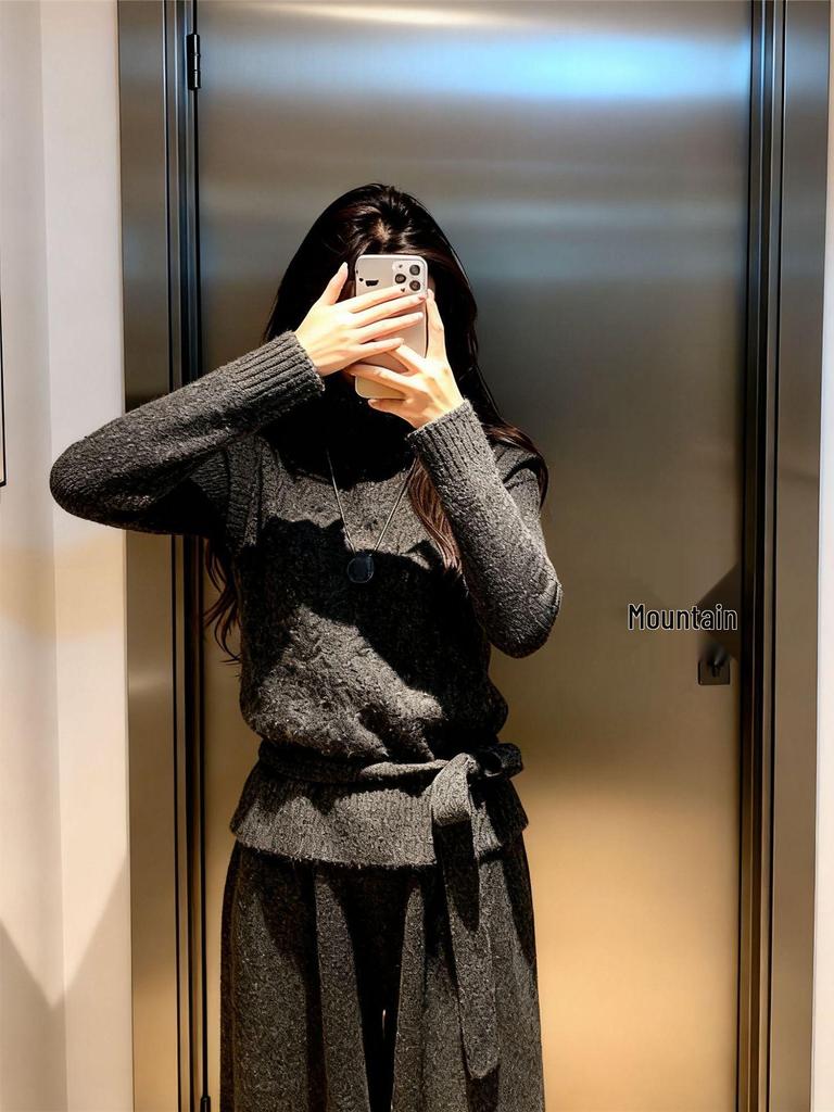 Korean Style Winter Knit Skirt Set: High Neck Fluffy Sweater, Cable Knit Vest, and Skirt Trio