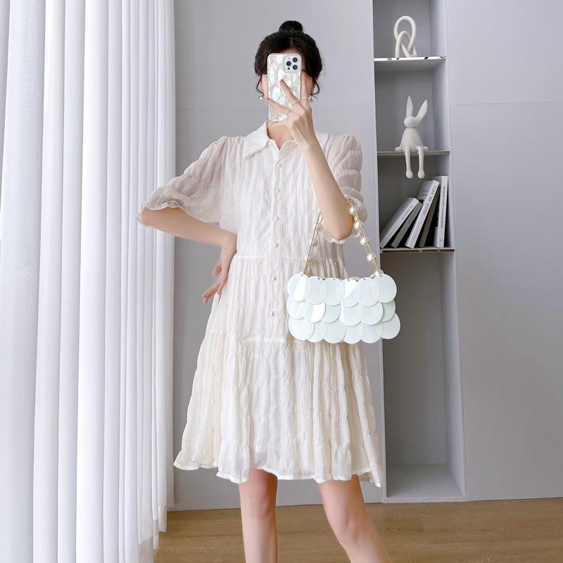 Summer Maternity Button-Down A-Line Dress with Short Sleeves - Nursing Friendly M