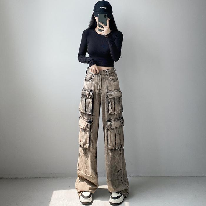 

Модные джинсы с высокой талией и широкими штанинами и множеством карманов для женщин Medium темно серый