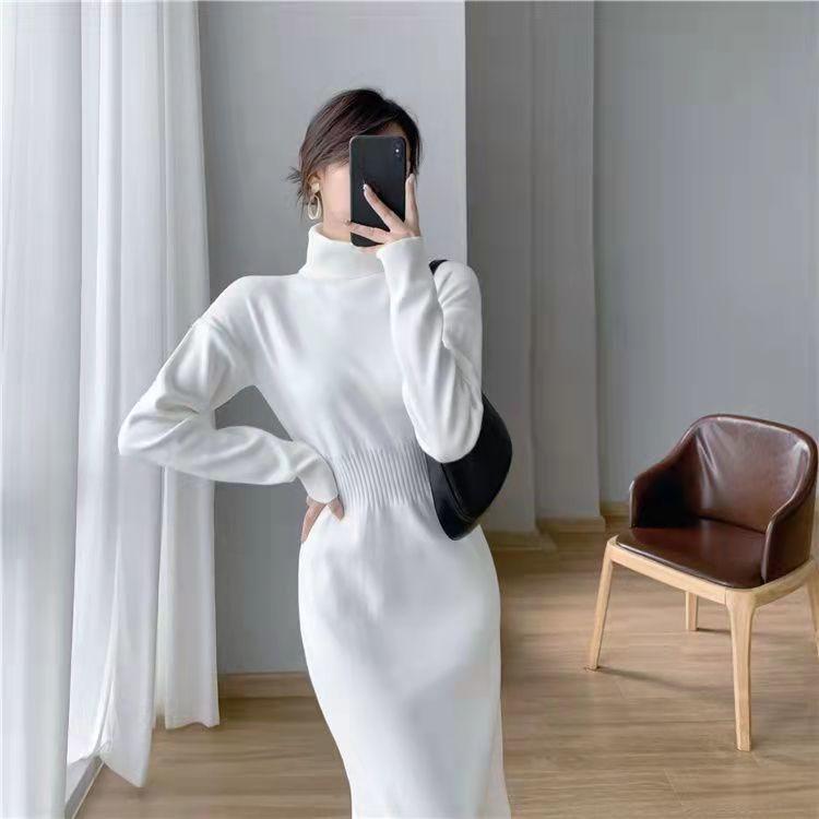 Elegantes und warmes Langarm-Strickkleid mit Taillenband für Damen