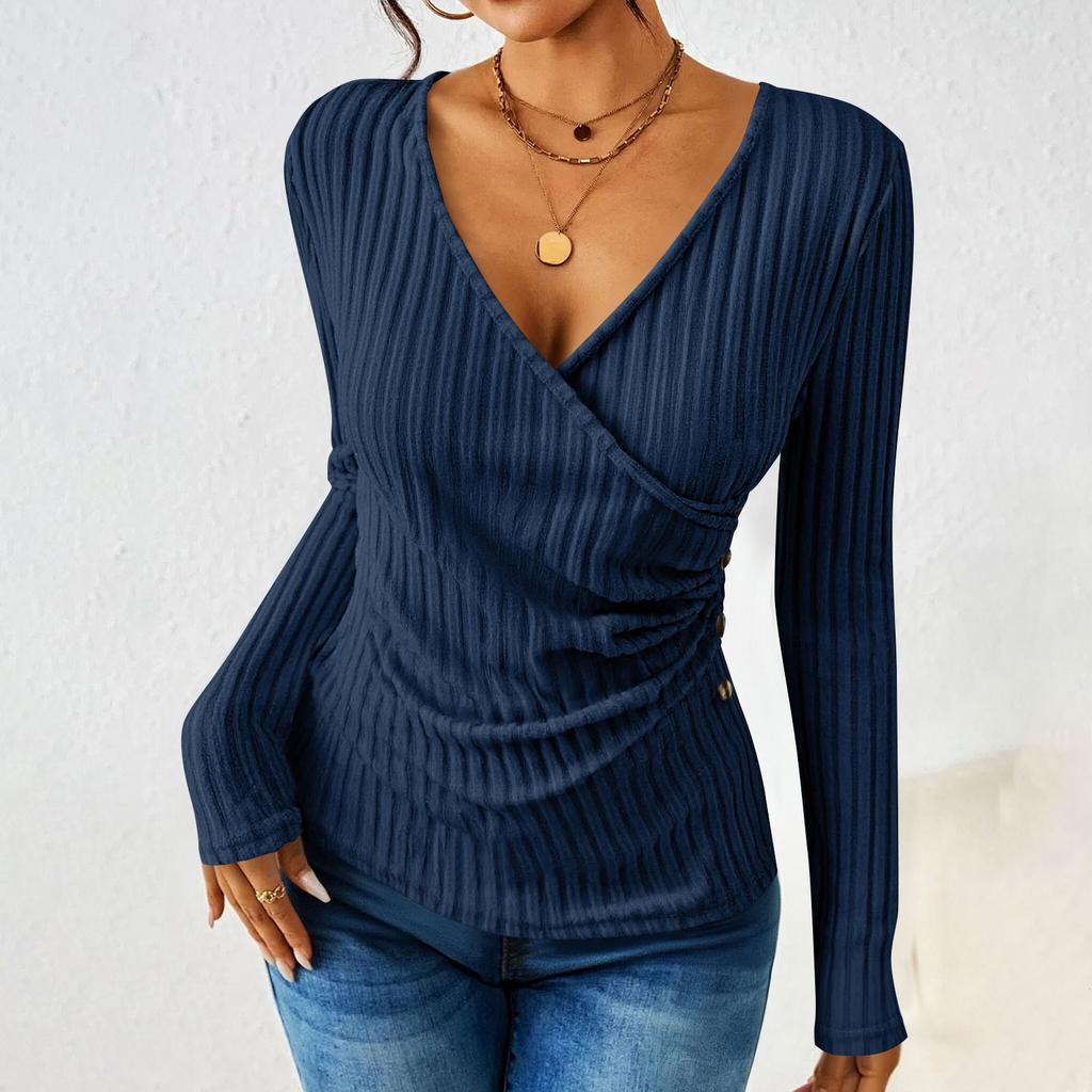 Women's Fashion Casual Long-Sleeve V-Neck -Color Pullover Knit Top