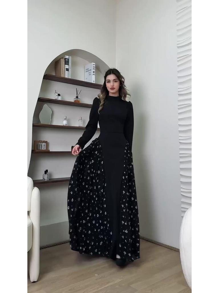 2025 Spring Long-Sleeved Floral Print Dress - European and American Style, Round Neck, Long Skirt