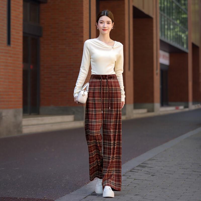 Demana Smart Plaid Drawstring Velvet High-Waist Straight Casual Pants