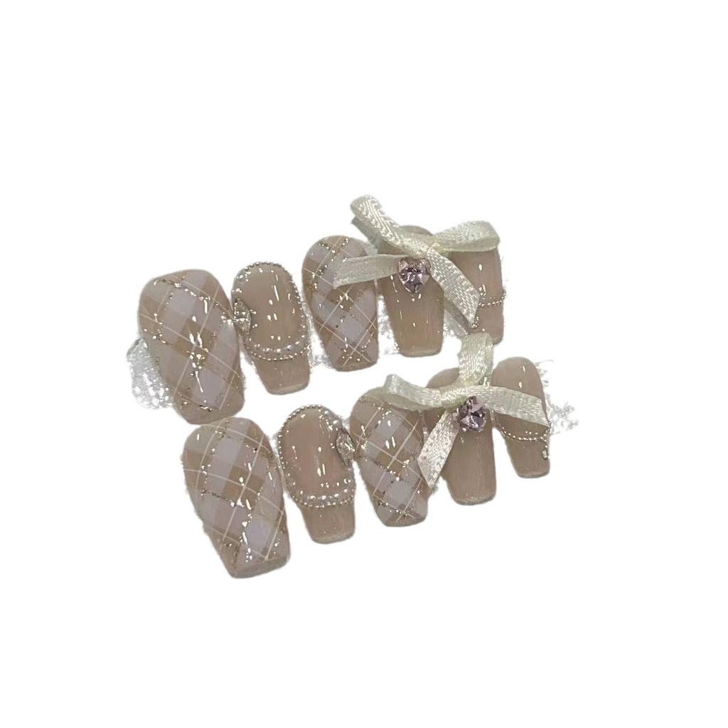 Pure Hand-wearing Armor Nude Temperament Style Steel Ball French Bow Plaid Manicure Finished Product