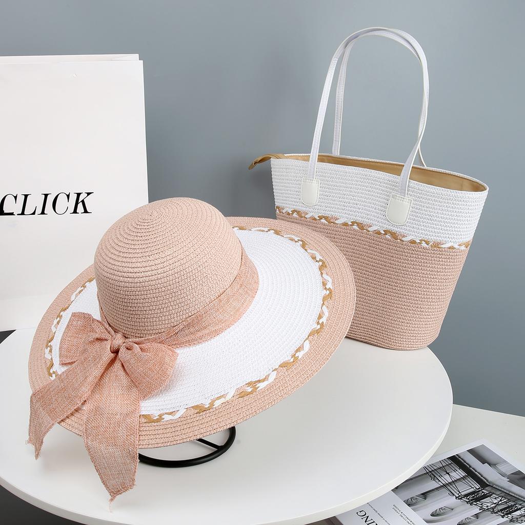 New Woven Straw Hat Bag Set Women's Seaside Beach Vacation Hat Woven Sun Hat